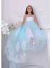 Illusion Neck Blue Lace Tulle Long Flower Girl Dress